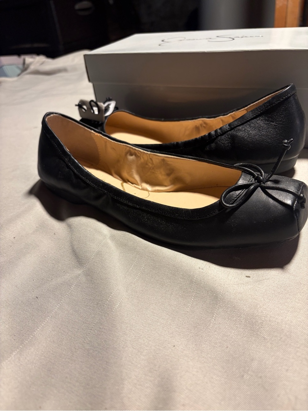Jessica Simpson Womens Black Leather Ballet Flats Slip On Bow Square Toe 8M